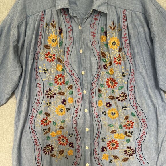 Go Softly Shirt Dress Size 2X Blue Chambray Denim Embroidered Artsy Porch House - Picture 2 of 11